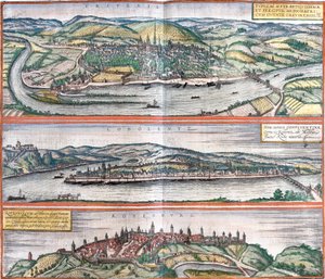 Utsikt over Treves (Treveris), Koblenz (Coboletz) og Rothenburg (Rotenburgum), Tyskland (radering av Franz Hogenberg