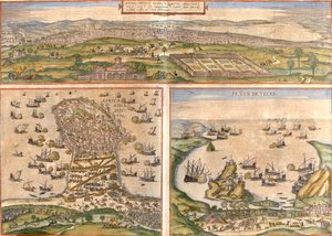 Utsikt over Tunis (Tunes) og Mahdia (Aphrodisium) i Tunisia, og Penon de Velez de la Gomera eller Badis (Bades) (Penon de Veles), penon de Veles, omstridt mellom Spania og Marokko (etsing).