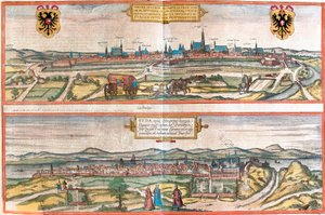 Utsikt over Wien (Wien), Østerrike og Budapest (Buda), Ungarn (radering av Franz Hogenberg
