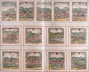 Utsikt over hovedbyene i det sveitsiske konføderasjonen: Schwytz (Svicia), Zug (Tugium), Glaris (Glarona), Basel (Basel), Zürich (Tugurum), Bern (Ursina), Lucerne (Lucerna), Uri (Ursella), Fribourg (Freegurgum), Solothurn (Soloturensis), Schaffhausen (kape av Franz Hogenberg