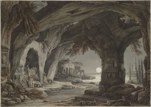 Ideelt landskap med steingrotte, graver og ruiner i måneskinnet, ca. 1790.