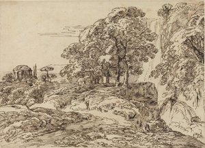 Pastoralt landskap med en foss og et tempel