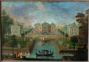 Hofflivet i parken til Augustusburg-palasset rundt Indianerhuset, utsikt fra øst … av Franz Jakob Rousseau