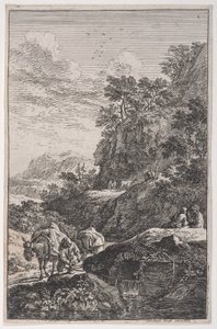 Plate 1: en bonde som sjekker hoven til muldyret sitt ved en bekk, fra 
