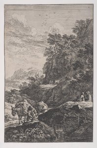 Plate 1: en bonde som sjekker hoven til muldyret sitt ved en bekk, fra 'Landscapes in t..., ca. 1700-25.