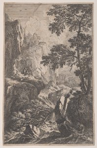 Plate 2: en jeger som sikter med pistolen sin, kneler ved siden av en stor stein til høyre, en ma..., ca. 1700-25.