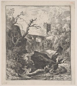 Plate 2: to figurer som sitter på en trestamme ved bredden av en bekk i forgrunnen,..., ca. 1700-25.