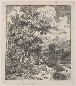 Plate 3: en gjeter som sitter på en høyde, en ku og to sauer til venstre, og en by i ri..., ca. 1700-25.