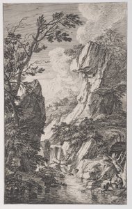 Plate 4: to fiskere på bredden av en bekk til høyre, en foss i midten, fra..., ca. 1700-25.