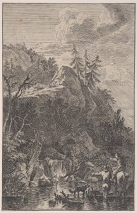 Plate 5: kvinneskikkelse på hesteryggen og en mannsskikkelse med hund stående i en stre..., ca. 1700-25.