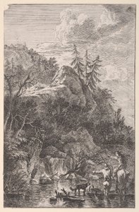 Plate 5: kvinneskikkelse på hesteryggen og en mannsskikkelse med hund stående i en stre..., ca. 1700-25.