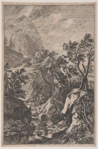 Plate 6: to mannsfigurer som står på en stein til høyre, en foss i midten med en..., ca. 1700-25.