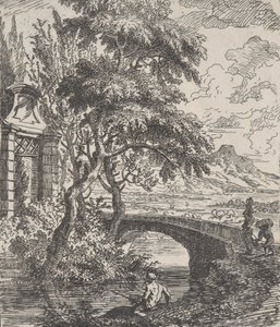 Plate 7: to figurer til høyre i ferd med å krysse en steinbro, en fisker i for..., ca. 1700-25.
