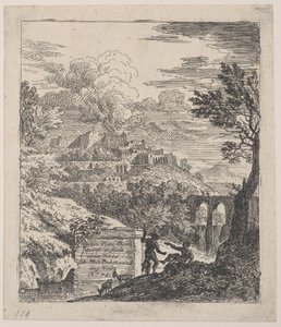 To gjetere hviler ved siden av en sokkel, en akvedukt til høyre i bakgrunnen, en..., ca. 1700-25.