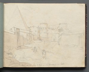 Album med utsikt over Roma og omegn, landskapsstudier, side 06a: "Rome von der Porta St. Paolo" av Franz Johann Heinrich Nadorp