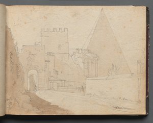 Album med utsikt over Roma og omegn, landskapsstudier, side 08a: Porta St. Paolo. av Franz Johann Heinrich Nadorp