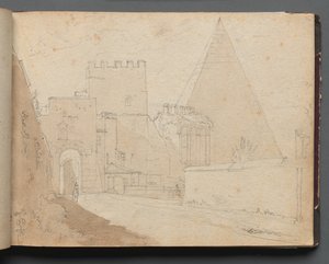 Album med utsikt over Roma og omgivelsene, landskapsstudier, side 08a: "Porta St. Paolo" av Franz Johann Heinrich Nadorp