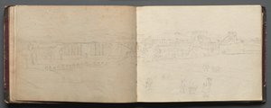 Album med utsikt over Roma og omegn, landskapsstudier, side 08b og 09 a: Panoramautsikt over Roma av Franz Johann Heinrich Nadorp