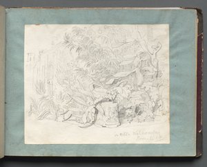Album med utsikt over Roma og omgivelsene, landskapsstudier, side 24a: I Villa Walkonsky. av Franz Johann Heinrich Nadorp