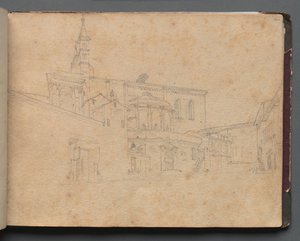 Album med utsikt over Roma og omegn, landskapsstudier, side 26a: Romersk arkitektonisk utsikt. av Franz Johann Heinrich Nadorp