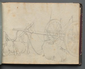 Album med utsikt over Roma og omegn, landskapsstudier, side 37a: Okser og vogn. av Franz Johann Heinrich Nadorp