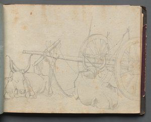 Album med utsikt over Roma og omegn, landskapsstudier, side 37a: Okser og vogn av Franz Johann Heinrich Nadorp