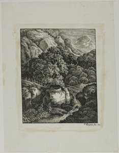 Skogkledd fjelllandskap med en liten foss og sti av Franz Joseph Leopold