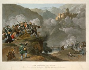 De tyrolske patriotene stormer festningen Kuffstein med sine trevåpen, gravert av John Heaviside Clark (ca. 1771-1863) og Matthew Dubourg (fl. 1813-20) fra Historic, Military and Naval Anecd
