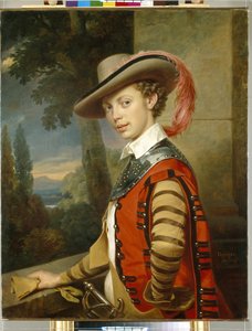 Portrett av prins Nicolas Saltykov iført en forkledning. (Portrett av prins Nikolai Saltykov i fancy kjole). Maleri av Franz Kruger (1797-1857), olje på lerret