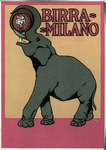 Reklameplakat for Milano-øl illustrert av Franz Laskoff (1869-1921) som representerer en elefant som drikker med snabelen direkte fra tønnen. Det 20. århundre