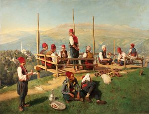 Türkisches Kaffeehaus in Sarajevo   1348640   no       norwegian Successfully Translated  Original: Nu ik mijn vijand heb gemaakt geheel confuis / Zoo stap ik onvermoeid / weer naar mijn boeren huis (title on object) Translat: Nu ik mijn vijand heb gemaakt av Franz Leo Ruben
