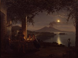 Månebelyst utsikt over Napolibukten (olje på lerret)