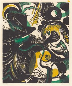 Genesis II (Schopfungsgeschichte II), 1914 (tresnitt i gult, svart og grønt) av Franz Marc