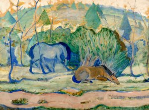 Hester på beite Hester i et landskap av Franz Marc
