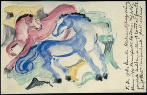 "Rød og blå hest", Franz Marc fra Sindelsdorf til Wassily Kandinsky i München: postkort, poststempel 5. april 1913 av Franz Marc