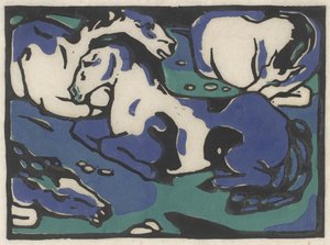 Ruhende Pferde (hvilende hester), 1911-1912, trykt 1916 (tresnitt i svart, blått og grønt på japansk papir) av Franz Marc