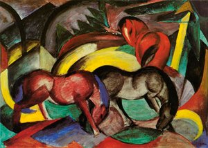 Three Horses, 1912 (blandet media på papir) av Franz Marc
