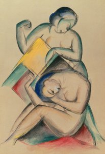 To nakne kvinner, ca. 1910-15 (gouache og akvarell på papir) av Franz Marc