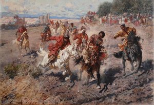 Cherkess feirer slutten på Muharram med Equestrian Sport of the Dash for Prize Lamb, 1889