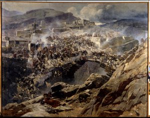 The Siege of Akhoulgo (The Siege of Akhoulgo): I 1839 ble Shamil (Imam Shamil, Shamil) (1797-1871) og hans muslimske støttespillere fra Kaukasus, beleiret i fjellfortet sitt, før de ble massakrert av den russiske hæren - Maleri av Franz Roubaud (1856-19 av Franz Roubaud