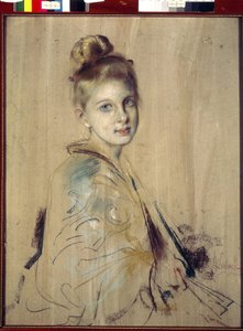 Ung jente med en fan (Girl With A Fan). Verk av Franz von Lenbach (1836-1904), pastell på papp, rundt 1880. Tysk kunst fra 1800-tallet. State Hermitage, St. Petersburg. av Franz Seraph von Lenbach