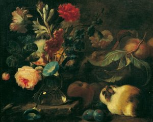 Stilleben med marsvin, blomster og frukt