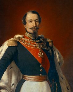 Portrett av Napoleon III (1808-1873), keiser av franskmennene foran utsikt over Chateau de Saint Cloud. Detalj av maleri av Franz Xaver Winterhalter (1806-1873) 1855 Dim. 2,4x1,5 m