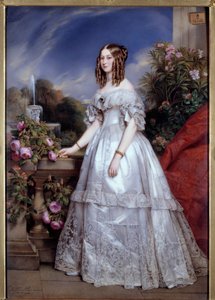 Portrett av hertuginnen av Nemours Portrett av seier av Saxe-Coburg-Gotha (1822-1857) kone til hertugen av Nemours. Maleri av M. P. Julien Laurent (1805-1860) etter Franz Xavier Winterhalter. 1846. Paris, dekorativ kunst - portrett i full lengde av Du