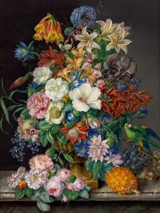 Blomsterstykke med ananas, druer og papegøye av Franz Xaver Petter
