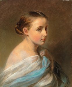Portrett av en jente, hode og skuldre, drapert i en blå og hvit omslag, ca. 1850 av Franz Xaver Winterhalter
