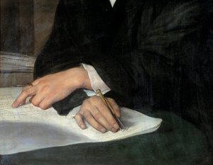 Portrett av arkitekten Karl Berckmuller (1800-1879), detalj av de kryssede hendene på flyet. En av dem har en comppas. Maleri av Franz Xaver Winterhalter (1806-1873) Ec. Alle. av Franz Xaver Winterhalter