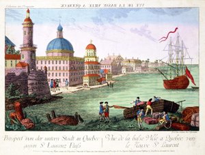 Utsikt over Lower Town ved Quebec mot St. Lawrence River. Gravering av Franz-Xavier Habermann
