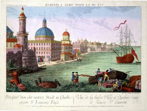 Utsikt over Lower Town i Quebec mot St. Lawrence River. Gravering av Franz-Xavier Habermann