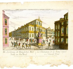 Vue d'Optique/Destruction of the Royal Statue in New York (Optical View/Destruction of the Royal Statue in New York), ca. 1776 (etsing og gravering med polykrom akvarell på lagt papir)